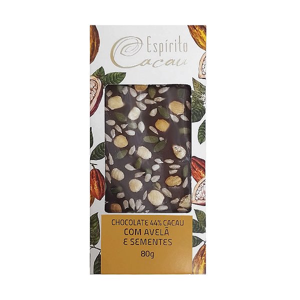 Tablete de Chocolate 44% Cacau c/ Avelã e Sementes - 80g