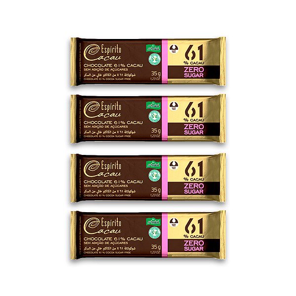 Kit Tablete de Chocolate 61% Cacau Zero Açúcar - 35g (4 und)