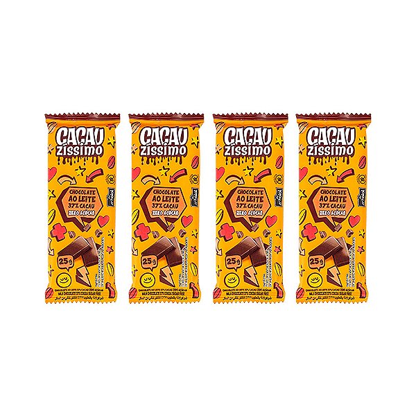 Kit Tablete Chocolate 37% Cacau ao Leite Zero Açúcar 25gr - Cacauzíssimo (4 und)