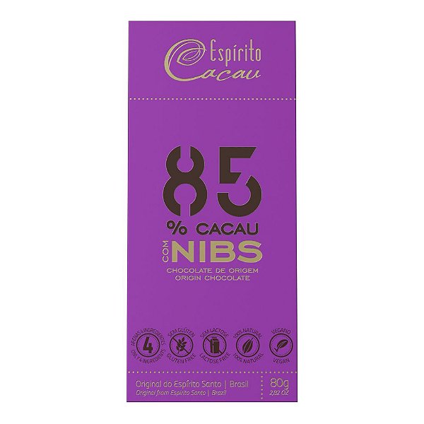 Tablete de Chocolate 85% Cacau com Nibs - 80g