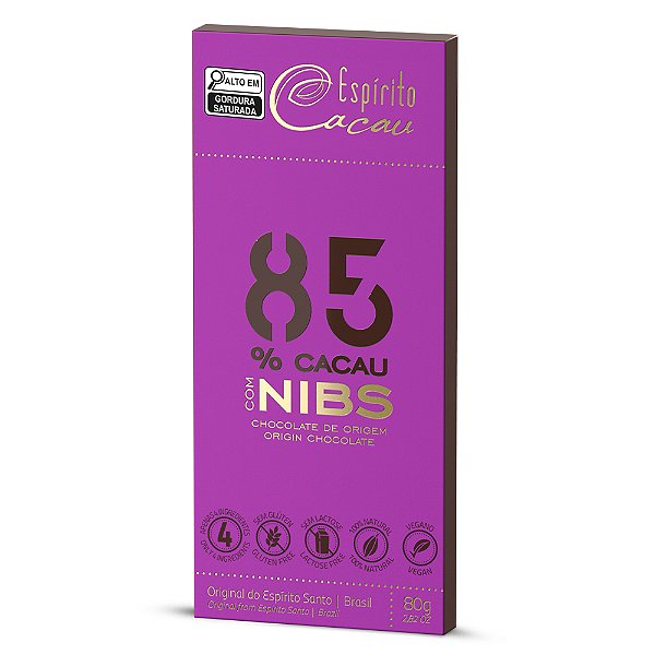 Tablete de Chocolate 85% Cacau com Nibs - 80g