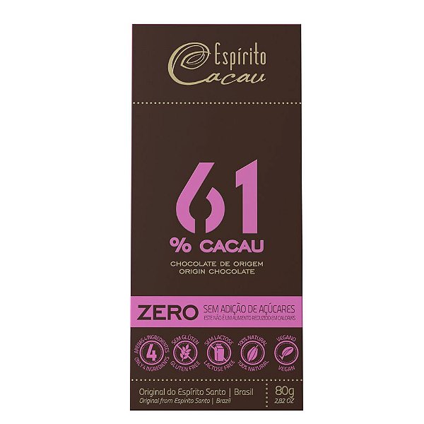 Tablete de Chocolate 61% Cacau Zero Açúcar - 80g