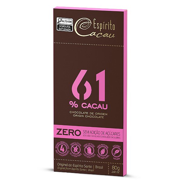 Tablete de Chocolate 61% Cacau Zero Açúcar - 80g