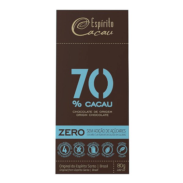 Tablete de Chocolate 70% Cacau Zero Açúcar - 80g
