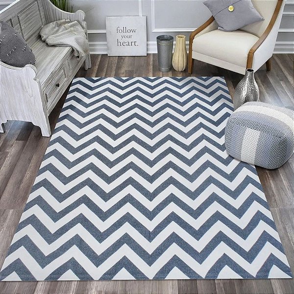 Tapete Trilho de Sala Antiderrapante Chevron Cinza/Cru 1,32m x 2,00m