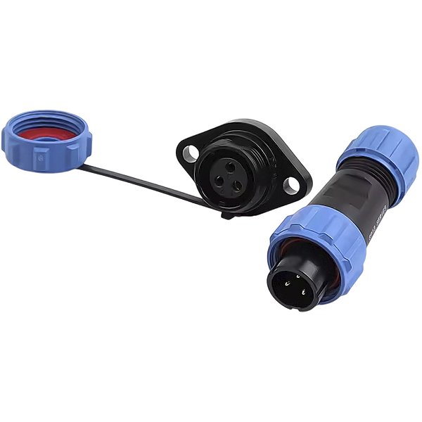 Conector 3 Pinos IP68 Macho Cabo e Fêmea Painel com Flange