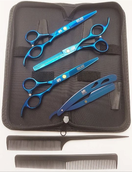 Kit 3 Tesouras Profissionais 6.0 (Fio Laser + Fio Navalha + Desfiadeira + Navalhete + Pentes + Capinha) Azul