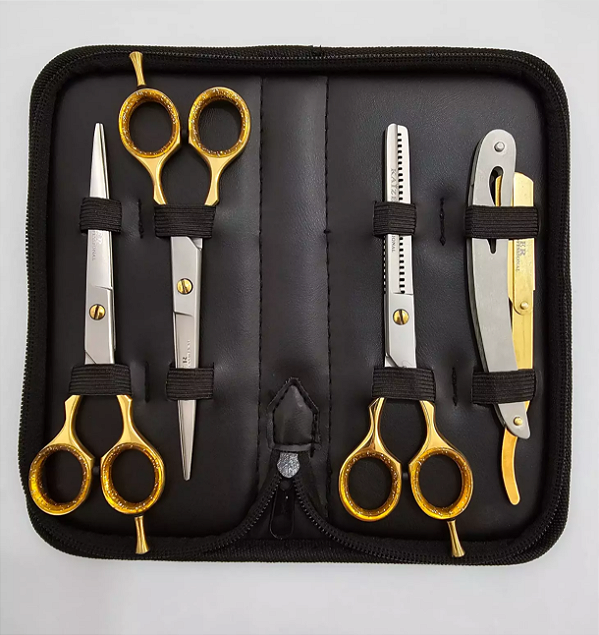 Kit 3 Tesouras Profissionais 6.0 Fio Laser + Fio Navalha + Desfiadeira + Navalhete + Capinha ( Prata com Dourado)
