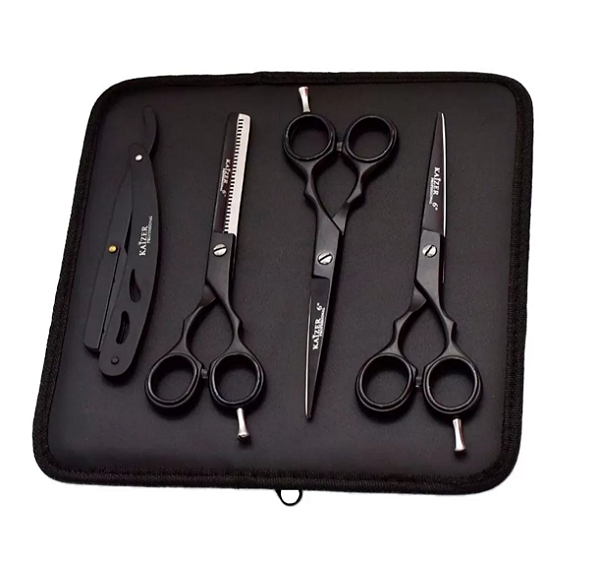 Kit 3 Tesouras Profissionais 6.0 Fio Laser + Fio Navalha + Desfiadeira + Navalhete + Capinha (Preto)