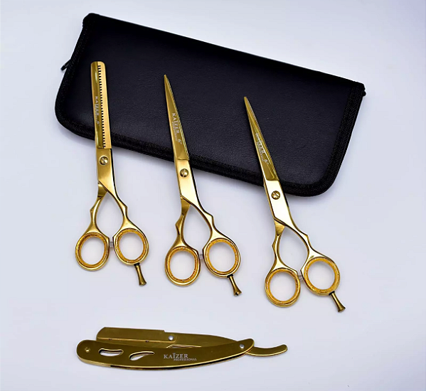 Kit 3 Tesouras Profissionais 6.0 Fio Laser + Fio Navalha + Desfiadeira + Navalhete + Capinha (Dourado)
