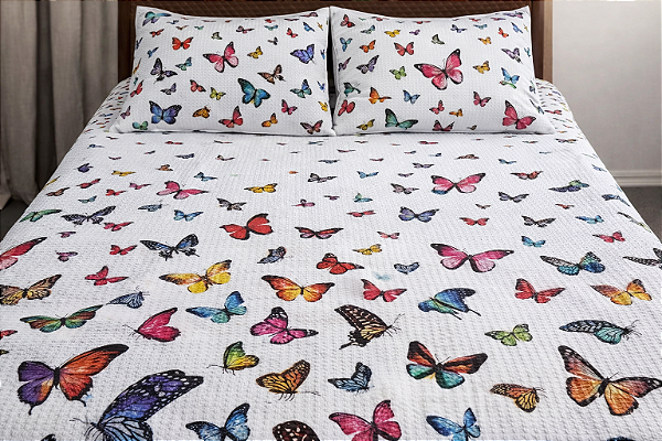 Cobre Leito Piquet Borboletas com 2 Porta Travesseiros