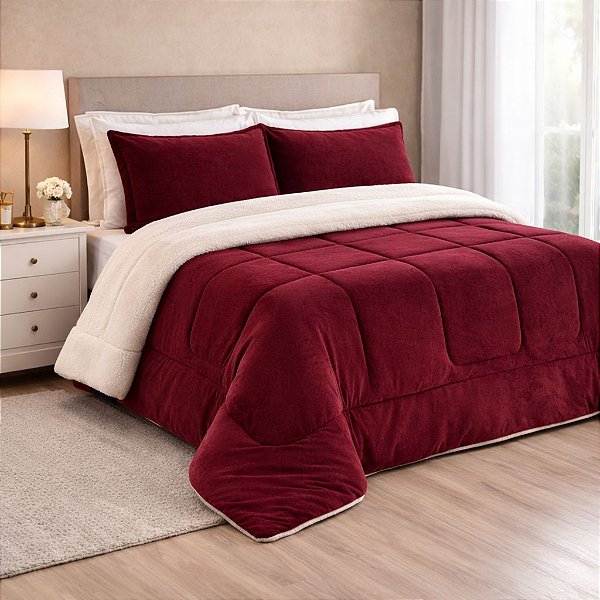 Coberdrom Sherpa e Manta Flannel QUEEN - Bordô
