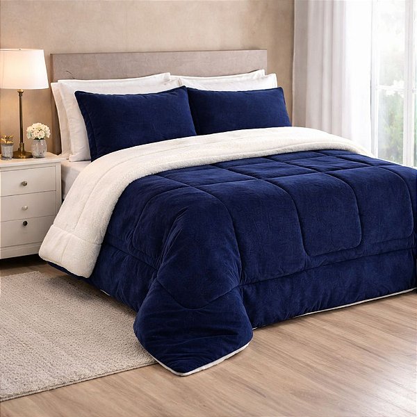 Coberdrom Sherpa e Manta Flannel QUEEN - Azul Marinho