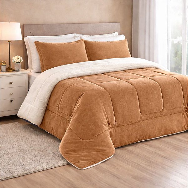 Coberdrom Sherpa e Manta Flannel QUEEN - Caramelo/Avelã