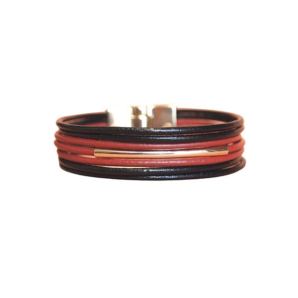 Pulseira de couro feminina preta e vermelha detalhe minimalista folheada a ouro 18K hipoalergênico