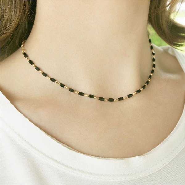 Colar  choker cristal preto folheado a ouro 18K hipoalergênico