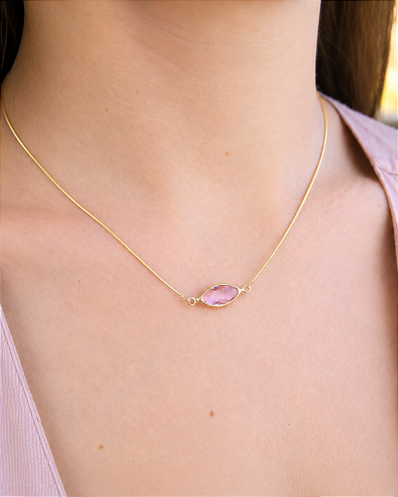 Colar cristal navete rosa folheado a ouro 18K hipoalergênico