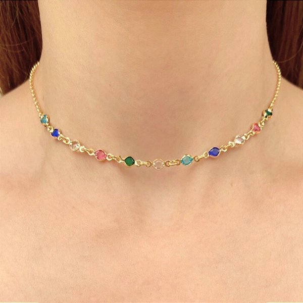 Colar  colorido cristais choker folheado a ouro 18K hipoalergênico