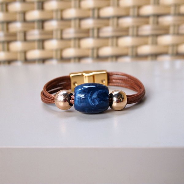Pulseira bracelete pedra azul sintética fio caramelo folheada a ouro 18K hipoalergênico