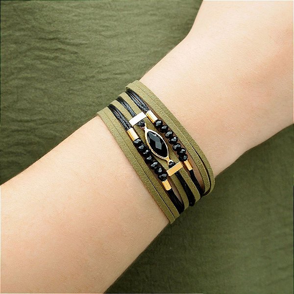 Pulseira bracelete cristal preto e fecho de ímã duas cores preto e verde militar fio algodão e camurça folheada a ouro 18K hipoalergênico