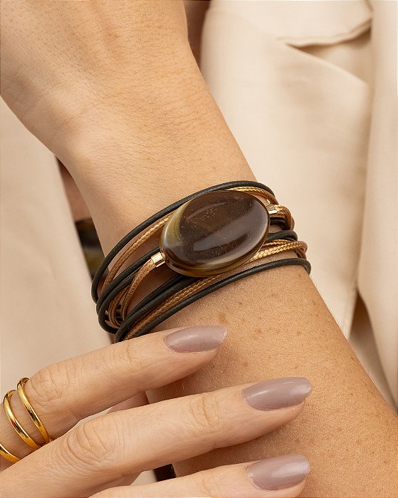 Pulseira bracelete pedra marrom verde militar folheada a ouro 18K hipoalergênico