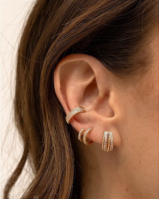 Brinco piercing fake 2 filieiras de zircônias cravejadas folheado a ouro 18K hipoalergênico