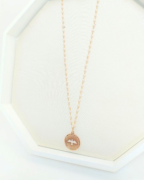 Colar longo pérolas pingente Vinde Espírito Santo folheado a ouro 18K hipoalergênico