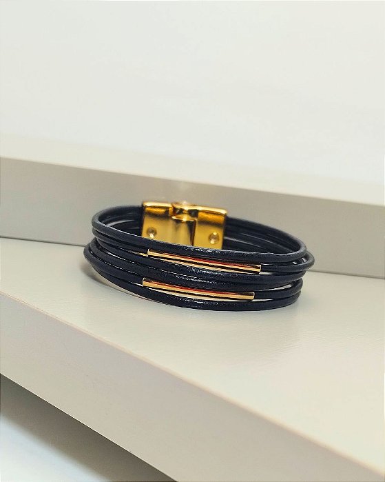 Pulseira de couro feminina preta 2 detalhes curvados folheada a ouro 18K hipoalergênico
