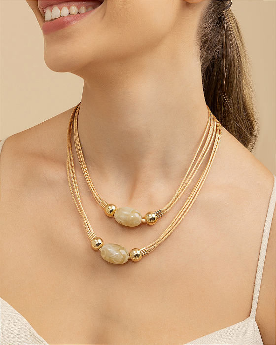 Maxicolar nude duas voltas robusto pedra oval clara folheado a ouro 18K hipoalergênico