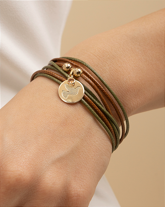 Bracelete pingente do Espírito Santo e cristal salmão folheado a ouro 18K hipoalergênico