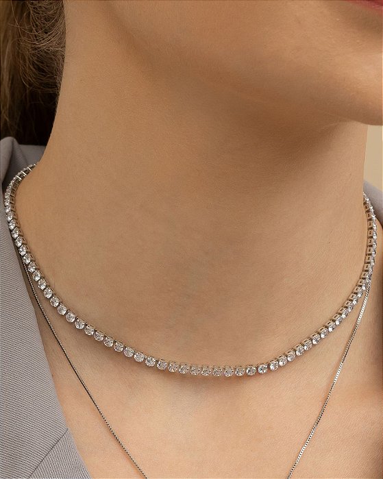 Colar riviera zircônia redonda 3 mm banho de ródio hipoalergênico