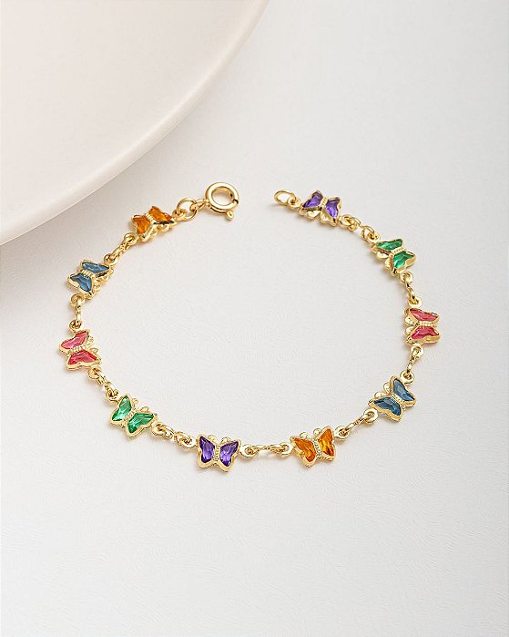 Pulseira infantil borboletas de zircônias coloridas folheado a ouro 18K hipoalergênico