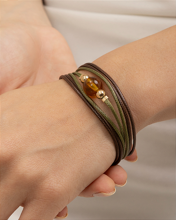Bracelete marrom e verde militar com pedra sintética âmbar folheada a ouro 18K hipoalergênico