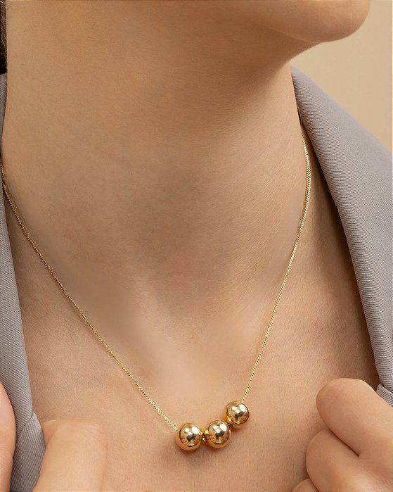 Colar 3 bolas corrente veneziana folheado a ouro 18K hipoalergênico