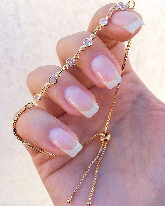 Pulseira delicada zircônas redondas regulável folheado a ouro 18K hipoalergênico