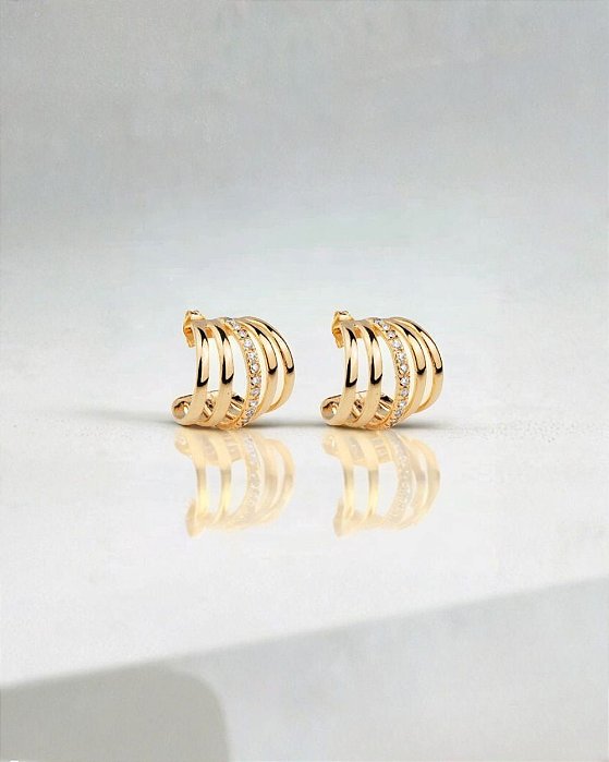 Brinco ear hook 5 listras detalhe com zircônias cravejadas folheado a ouro 18K hipoalergênico