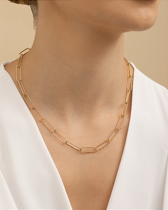 Colar elos alongados folheado a ouro 18K hipoalergênico