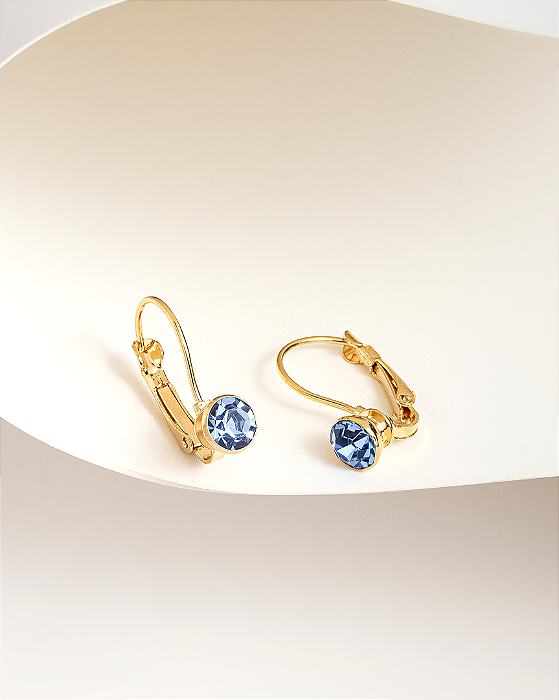 Brinco cristal redondo azul fecho tipo click folheado a ouro 18K hipoalergênico