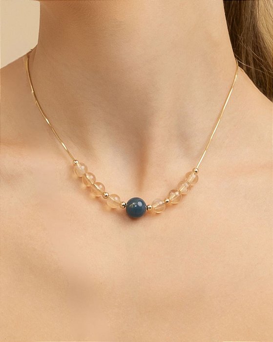 Curto pedra azul e bege corrente rabo de rato