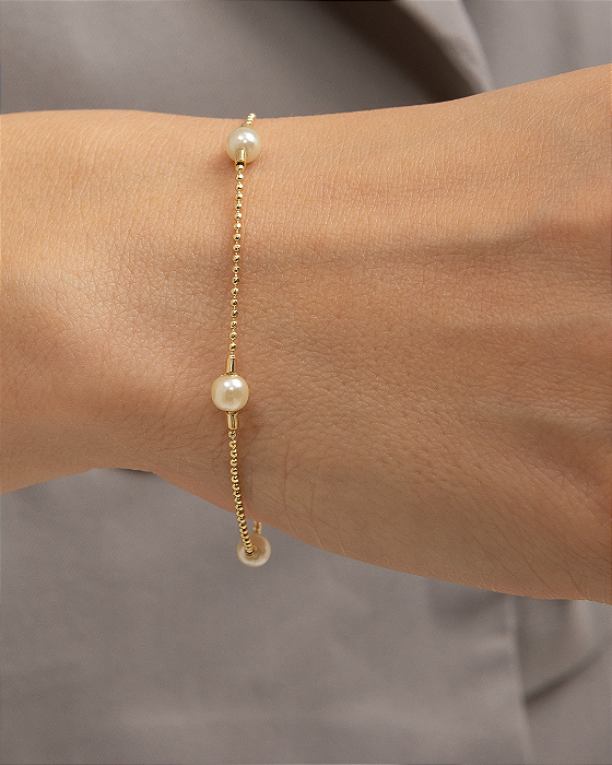 Pulseira pérolas espaçadas corrente de bolinhas folheado a ouro 18K hipoalergênico