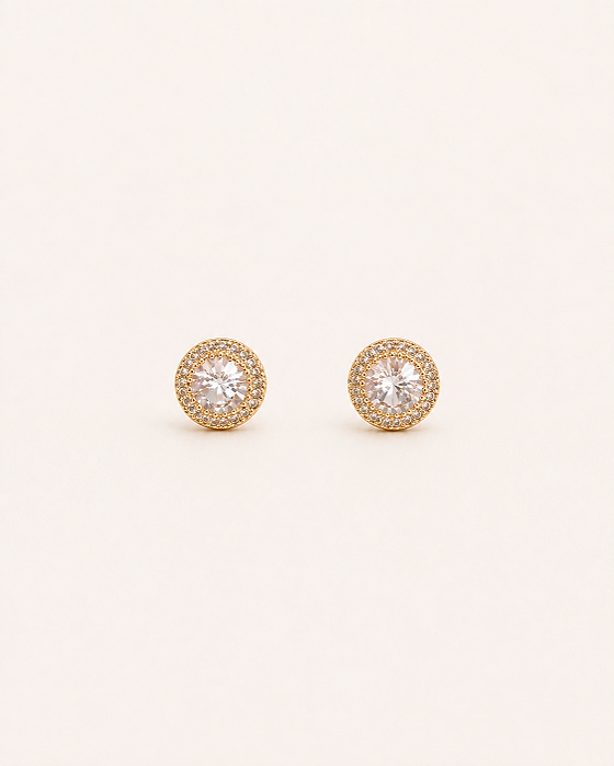 Brinco ponto de luz zircônia moldura com zircônias cravejadas folheado a ouro 18K hipoalergênico