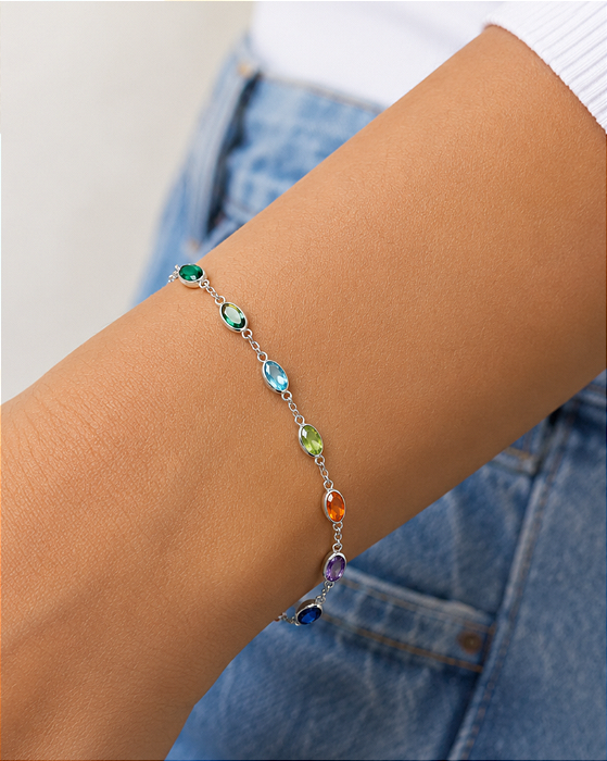 Pulseira zircônias coloridas banho de ródio hipoalergênico