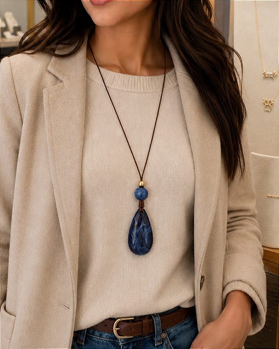 Colar longo pedra azul sintética gota maxi folheado a ouro 18K hipoalergênico