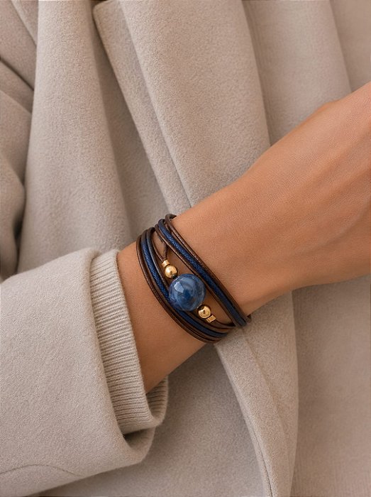 Bracelete marrom e azul marinho com pedra sintética azul folheada a ouro 18K hipoalergênico