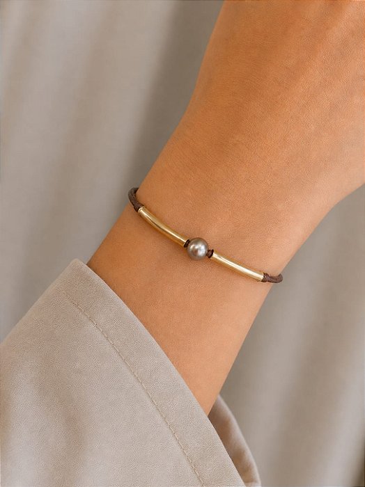 Pulseira regulável pérola marrom folheada a ouro 18K hipoalergênico
