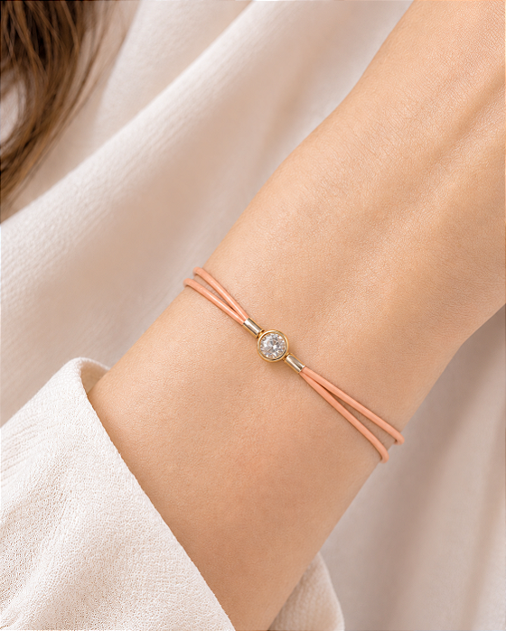 Pulseira ponto de luz zircônia cordão salmão regulável folheada a ouro 18K hipoalergênico