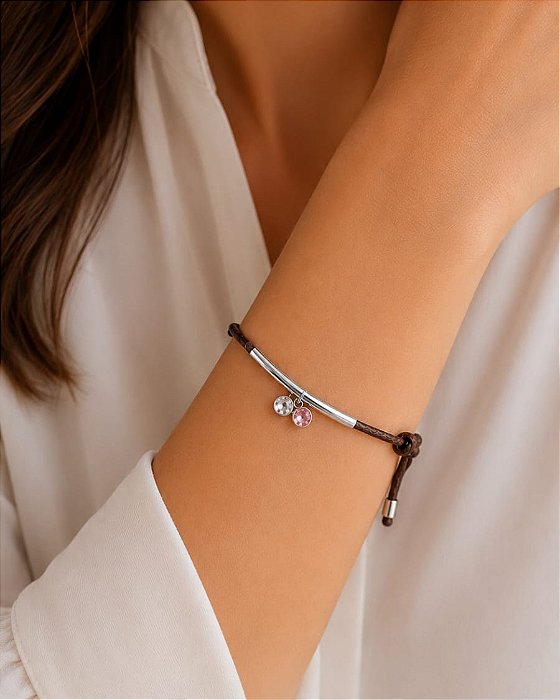 Pulseira pingente cristal rosa regulável banho ródio hipoalergênico