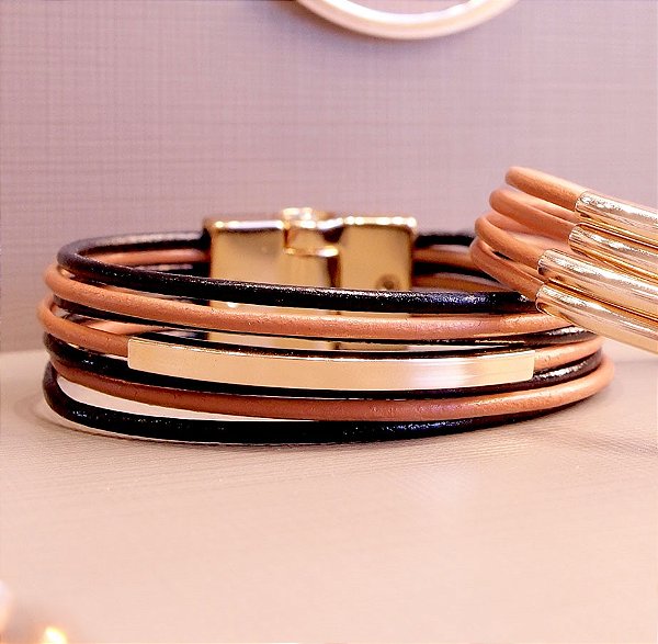 Pulseira de couro feminina 2 tons detalhes geométricos folheada a ouro 18K hipoalergênico