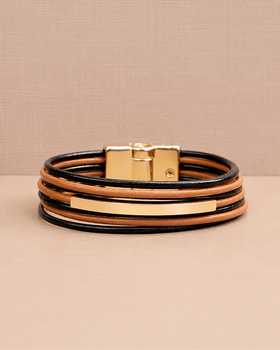Pulseira de couro feminina 2 tons detalhes geométricos folheada a ouro 18K hipoalergênico