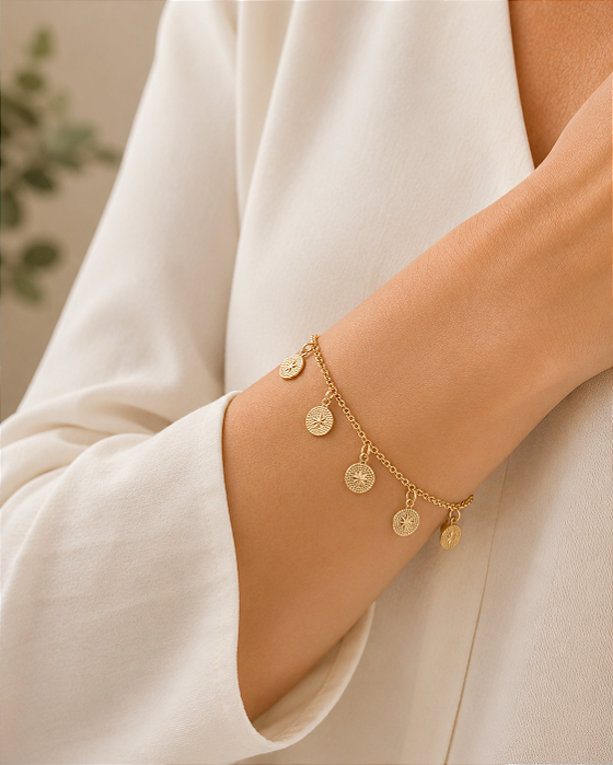 Pulseira medalhas Rosa dos Ventos folheada a ouro 18K hipoalergênico